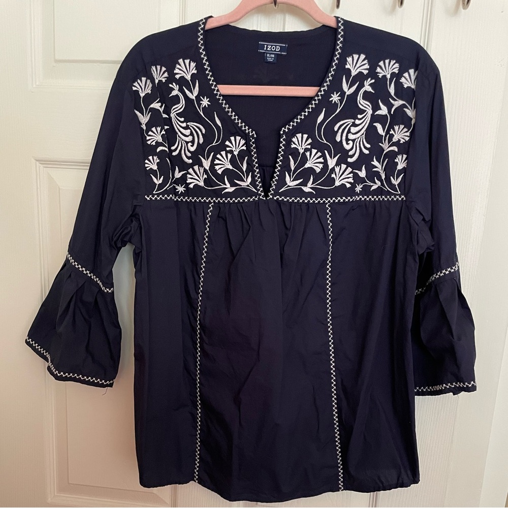 Izod Blue and White Embellished Bell Sleeve Blouse